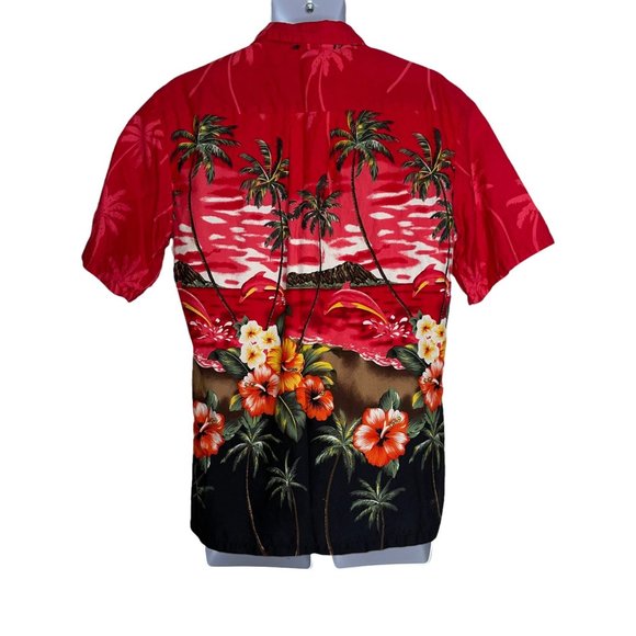 Palmwave Hawaii Fire Red Hawaiian Beach Volcano Floral Ocean Shirt Men's M - Picture 6 of 10